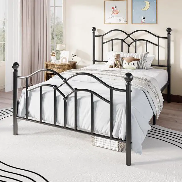 Alt view image 3 of 7 - Vintage Twin Metal Bed Frame with Headboard and Footboard, Heavy Duty Platform Bed Frame, 12.4" Under-Bed Storage, Noise-Free, No Box Spring Needed, Easy Assembly, Black