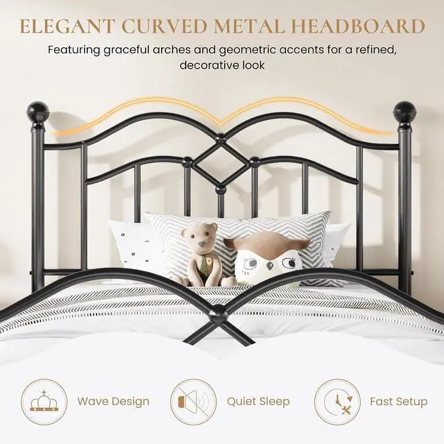 Alt view image 4 of 7 - Vintage Twin Metal Bed Frame with Headboard and Footboard, Heavy Duty Platform Bed Frame, 12.4" Under-Bed Storage, Noise-Free, No Box Spring Needed, Easy Assembly, Black