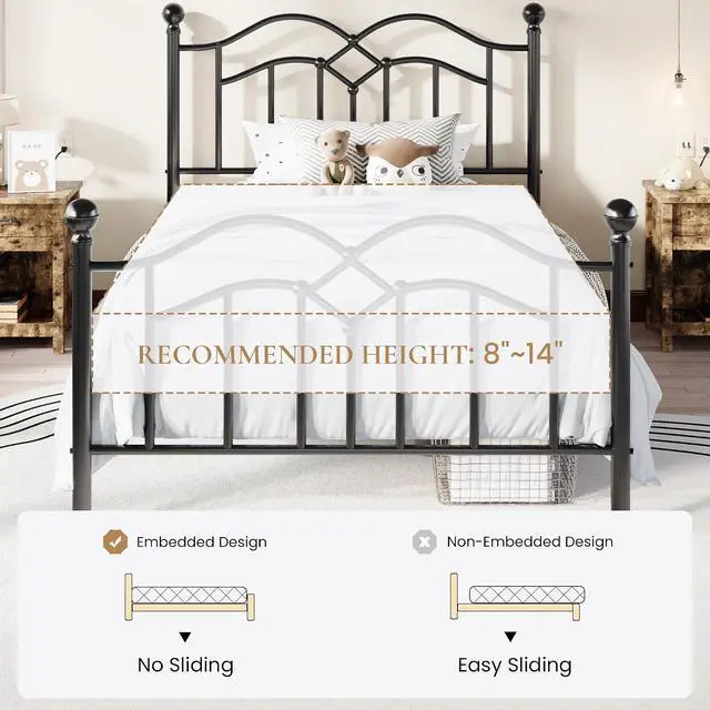 Alt view image 7 of 7 - Vintage Twin Metal Bed Frame with Headboard and Footboard, Heavy Duty Platform Bed Frame, 12.4" Under-Bed Storage, Noise-Free, No Box Spring Needed, Easy Assembly, Black