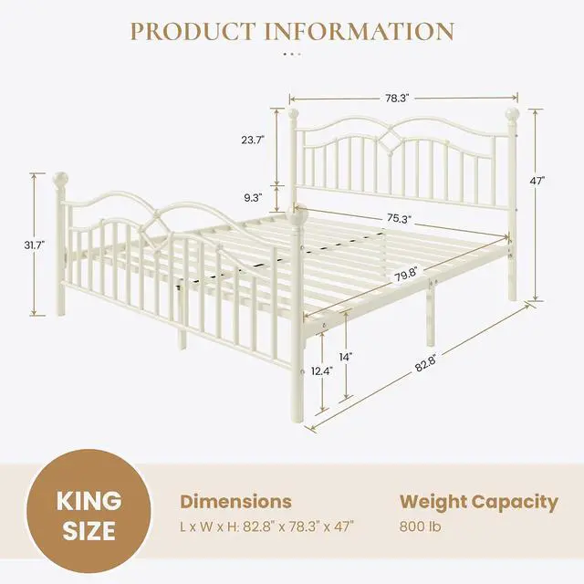 Alt view image 2 of 7 - Vintage King Metal Bed Frame with Headboard and Footboard, Heavy Duty Platform Bed Frame, 12.4" Under-Bed Storage, Noise-Free, No Box Spring Needed, Easy Assembly, White