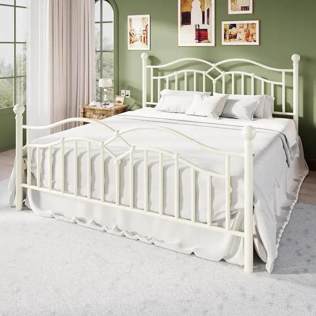 Alt view image 3 of 7 - Vintage King Metal Bed Frame with Headboard and Footboard, Heavy Duty Platform Bed Frame, 12.4" Under-Bed Storage, Noise-Free, No Box Spring Needed, Easy Assembly, White