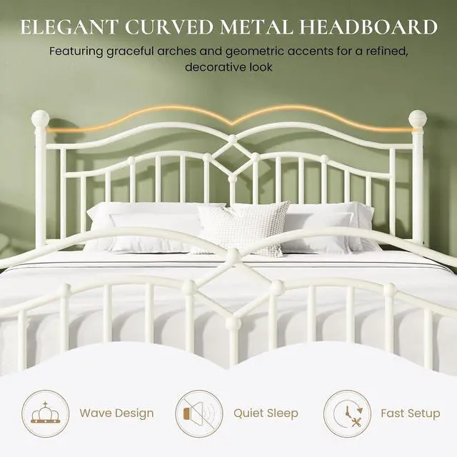 Alt view image 4 of 7 - Vintage King Metal Bed Frame with Headboard and Footboard, Heavy Duty Platform Bed Frame, 12.4" Under-Bed Storage, Noise-Free, No Box Spring Needed, Easy Assembly, White