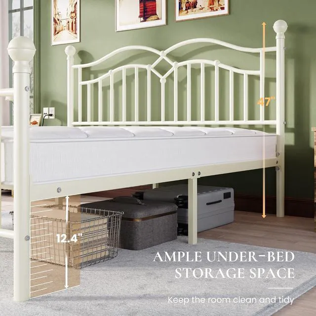 Alt view image 5 of 7 - Vintage King Metal Bed Frame with Headboard and Footboard, Heavy Duty Platform Bed Frame, 12.4" Under-Bed Storage, Noise-Free, No Box Spring Needed, Easy Assembly, White