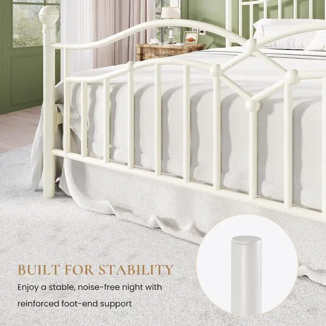 Alt view image 6 of 7 - Vintage King Metal Bed Frame with Headboard and Footboard, Heavy Duty Platform Bed Frame, 12.4" Under-Bed Storage, Noise-Free, No Box Spring Needed, Easy Assembly, White
