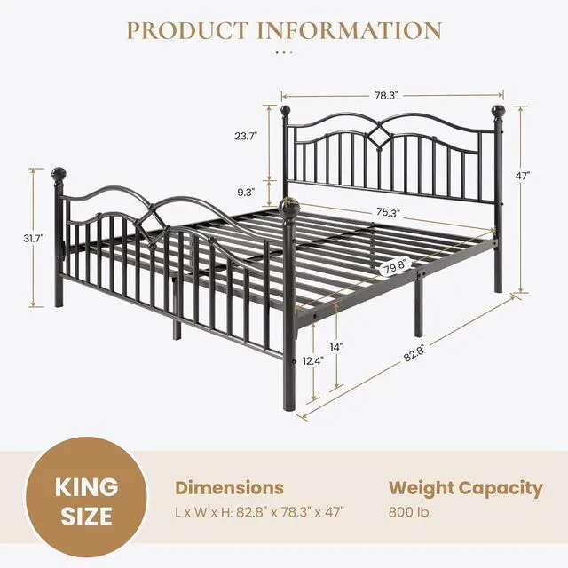 Alt view image 2 of 7 - Vintage King Metal Bed Frame with Headboard and Footboard, Heavy Duty Platform Bed Frame, 12.4" Under-Bed Storage, Noise-Free, No Box Spring Needed, Easy Assembly, Black