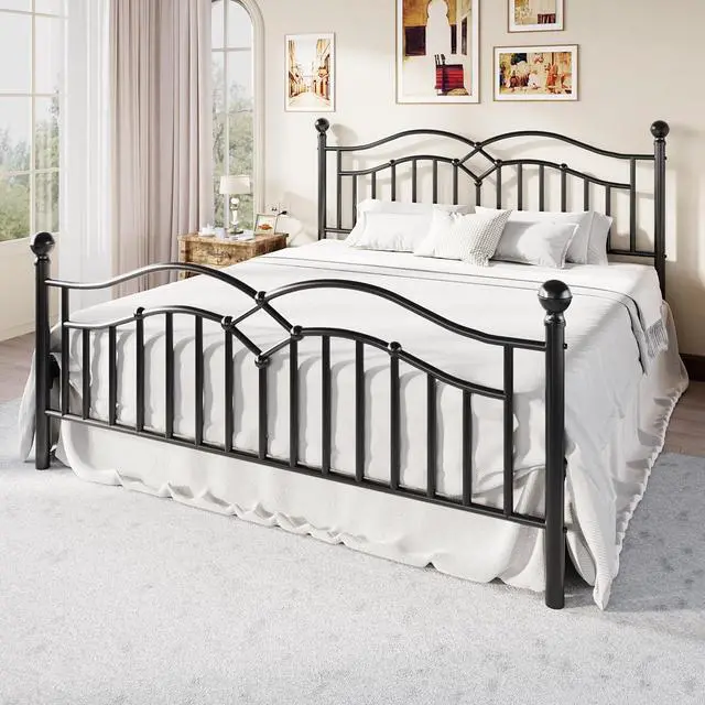 Alt view image 3 of 7 - Vintage King Metal Bed Frame with Headboard and Footboard, Heavy Duty Platform Bed Frame, 12.4" Under-Bed Storage, Noise-Free, No Box Spring Needed, Easy Assembly, Black