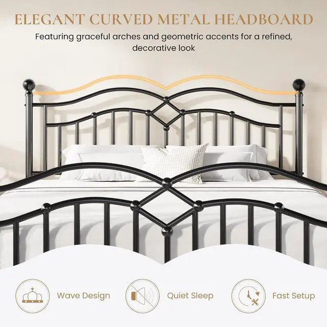 Alt view image 4 of 7 - Vintage King Metal Bed Frame with Headboard and Footboard, Heavy Duty Platform Bed Frame, 12.4" Under-Bed Storage, Noise-Free, No Box Spring Needed, Easy Assembly, Black