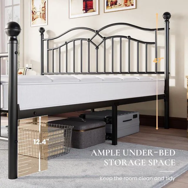 Alt view image 5 of 7 - Vintage King Metal Bed Frame with Headboard and Footboard, Heavy Duty Platform Bed Frame, 12.4" Under-Bed Storage, Noise-Free, No Box Spring Needed, Easy Assembly, Black