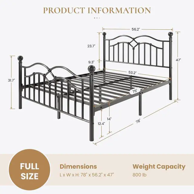 Alt view image 2 of 7 - Vintage Full Metal Bed Frame with Headboard and Footboard, Heavy Duty Platform Bed Frame, 12.4" Under-Bed Storage, Noise-Free, No Box Spring Needed, Easy Assembly, Black