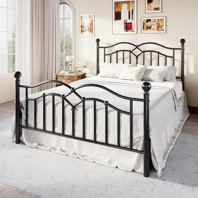 Alt view image 3 of 7 - Vintage Full Metal Bed Frame with Headboard and Footboard, Heavy Duty Platform Bed Frame, 12.4" Under-Bed Storage, Noise-Free, No Box Spring Needed, Easy Assembly, Black