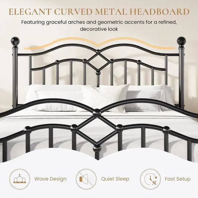 Alt view image 4 of 7 - Vintage Full Metal Bed Frame with Headboard and Footboard, Heavy Duty Platform Bed Frame, 12.4" Under-Bed Storage, Noise-Free, No Box Spring Needed, Easy Assembly, Black