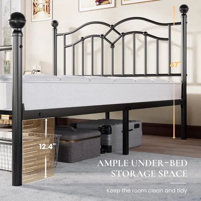 Alt view image 5 of 7 - Vintage Full Metal Bed Frame with Headboard and Footboard, Heavy Duty Platform Bed Frame, 12.4" Under-Bed Storage, Noise-Free, No Box Spring Needed, Easy Assembly, Black