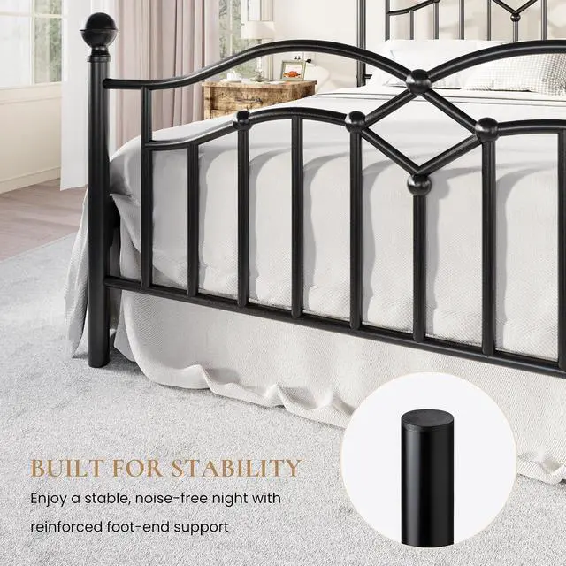 Alt view image 6 of 7 - Vintage Full Metal Bed Frame with Headboard and Footboard, Heavy Duty Platform Bed Frame, 12.4" Under-Bed Storage, Noise-Free, No Box Spring Needed, Easy Assembly, Black