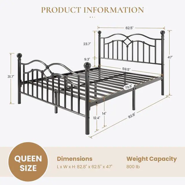 Alt view image 2 of 7 - Vintage Queen Metal Bed Frame with Headboard and Footboard, Heavy Duty Platform Bed Frame, 12.4" Under-Bed Storage, Noise-Free, No Box Spring Needed, Easy Assembly, Black