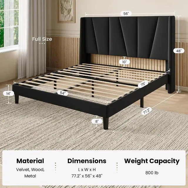 Alt view image 2 of 7 - Full Size Velvet Bed Frame with Geometric Wingback Headboard, Upholstered Platform Bed with Wooden Slats Support, 8" Under-Bed Space, No Box Spring Needed, Easy Assembly, Black