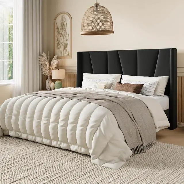 Alt view image 3 of 7 - Full Size Velvet Bed Frame with Geometric Wingback Headboard, Upholstered Platform Bed with Wooden Slats Support, 8" Under-Bed Space, No Box Spring Needed, Easy Assembly, Black