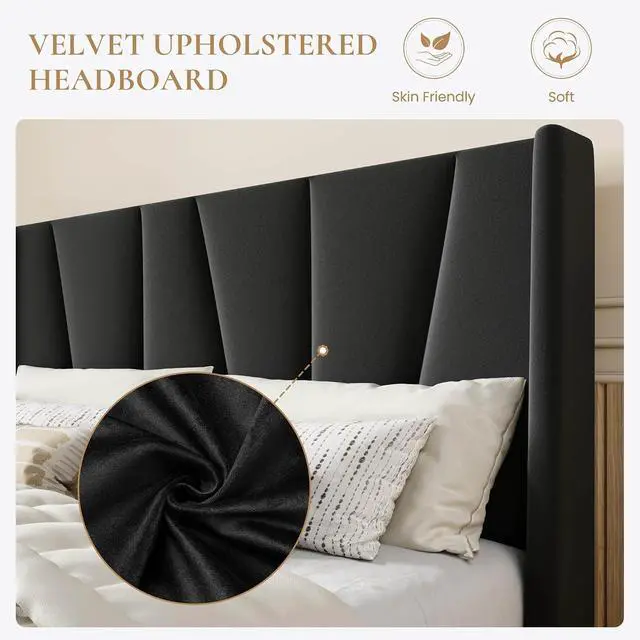 Alt view image 4 of 7 - Full Size Velvet Bed Frame with Geometric Wingback Headboard, Upholstered Platform Bed with Wooden Slats Support, 8" Under-Bed Space, No Box Spring Needed, Easy Assembly, Black