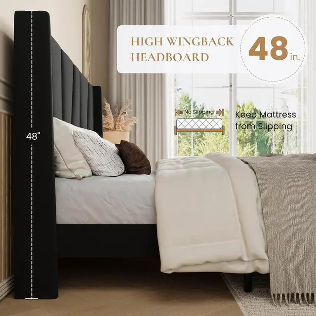 Alt view image 5 of 7 - Full Size Velvet Bed Frame with Geometric Wingback Headboard, Upholstered Platform Bed with Wooden Slats Support, 8" Under-Bed Space, No Box Spring Needed, Easy Assembly, Black