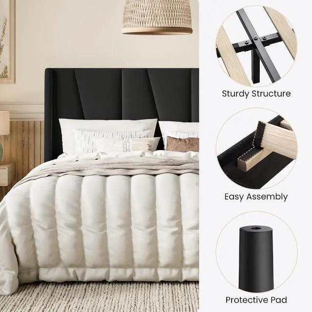 Alt view image 6 of 7 - Full Size Velvet Bed Frame with Geometric Wingback Headboard, Upholstered Platform Bed with Wooden Slats Support, 8" Under-Bed Space, No Box Spring Needed, Easy Assembly, Black