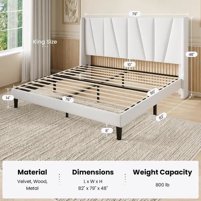 Alt view image 2 of 5 - King Size Velvet Bed Frame with Geometric Wingback Headboard, Upholstered Platform Bed with Wooden Slats Support, 8" Under-Bed Space, No Box Spring Needed, Easy Assembly, White