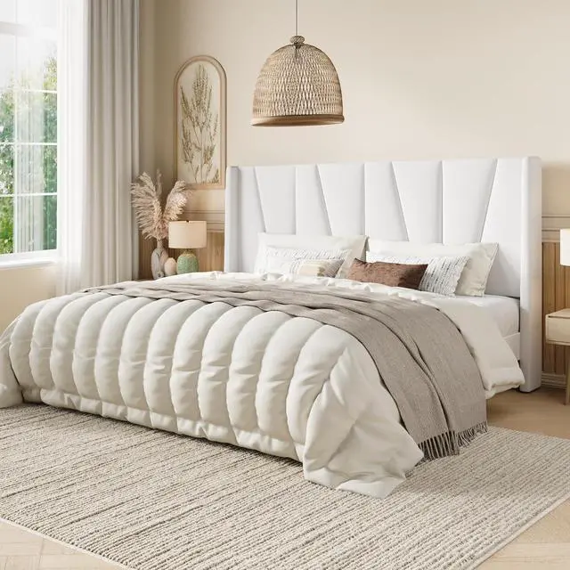 Alt view image 3 of 5 - King Size Velvet Bed Frame with Geometric Wingback Headboard, Upholstered Platform Bed with Wooden Slats Support, 8" Under-Bed Space, No Box Spring Needed, Easy Assembly, White