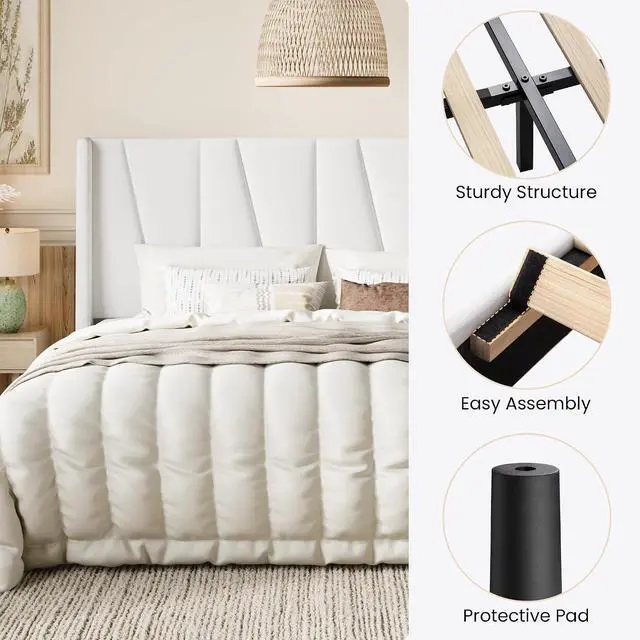 Alt view image 4 of 5 - King Size Velvet Bed Frame with Geometric Wingback Headboard, Upholstered Platform Bed with Wooden Slats Support, 8" Under-Bed Space, No Box Spring Needed, Easy Assembly, White