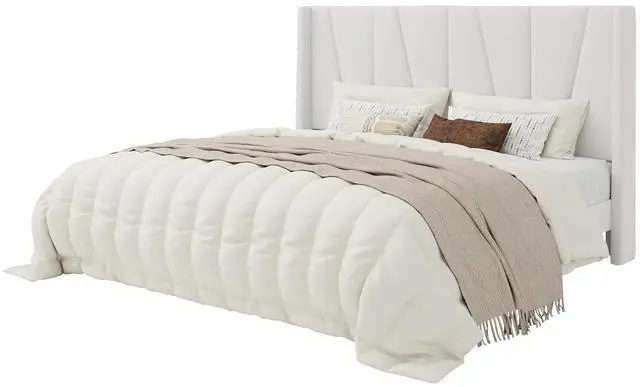 Alt view image 5 of 5 - King Size Velvet Bed Frame with Geometric Wingback Headboard, Upholstered Platform Bed with Wooden Slats Support, 8" Under-Bed Space, No Box Spring Needed, Easy Assembly, White