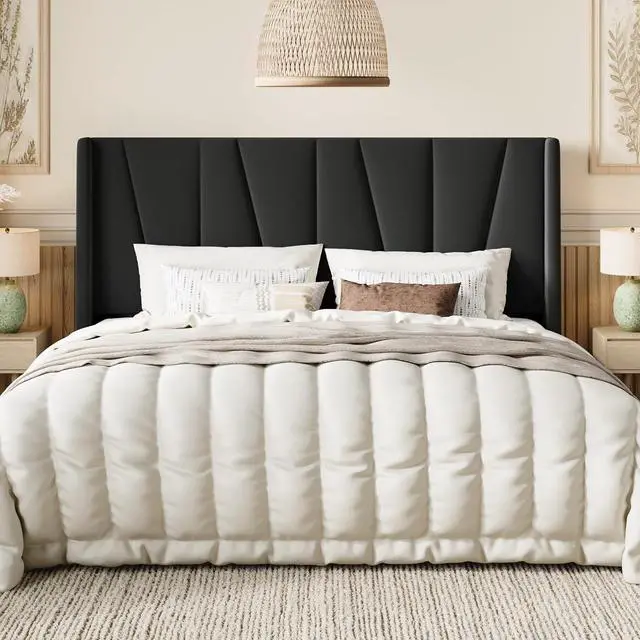 Main image of King Size Velvet Bed Frame with Geometric Wingback Headboard, Upholstered Platform Bed with Wooden Slats Support, 8" Under-Bed Space, No Box Spring Needed, Easy Assembly, Black