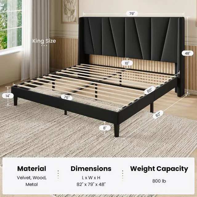 Alt view image 2 of 5 - King Size Velvet Bed Frame with Geometric Wingback Headboard, Upholstered Platform Bed with Wooden Slats Support, 8" Under-Bed Space, No Box Spring Needed, Easy Assembly, Black