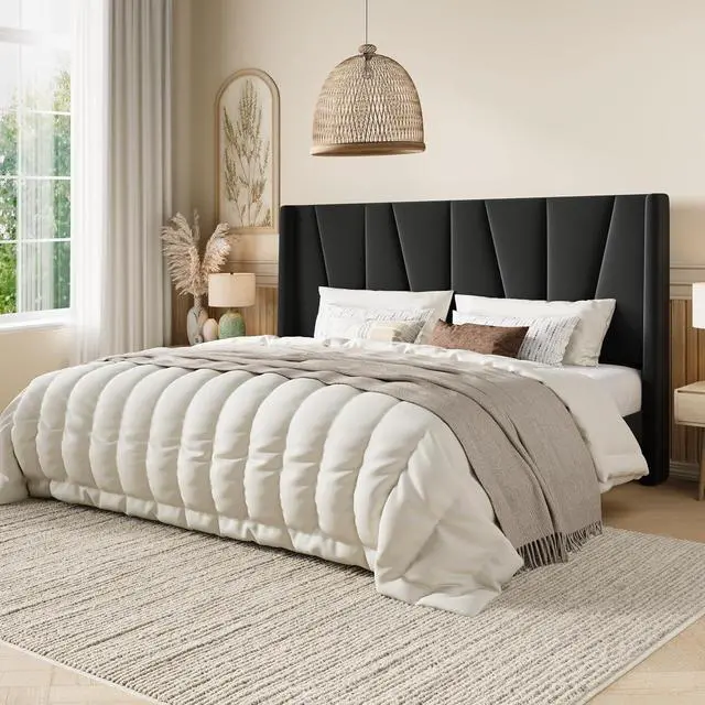 Alt view image 3 of 5 - King Size Velvet Bed Frame with Geometric Wingback Headboard, Upholstered Platform Bed with Wooden Slats Support, 8" Under-Bed Space, No Box Spring Needed, Easy Assembly, Black
