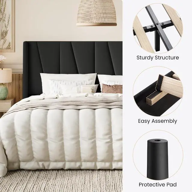 Alt view image 4 of 5 - King Size Velvet Bed Frame with Geometric Wingback Headboard, Upholstered Platform Bed with Wooden Slats Support, 8" Under-Bed Space, No Box Spring Needed, Easy Assembly, Black