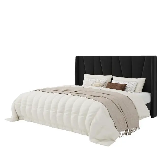 Alt view image 5 of 5 - King Size Velvet Bed Frame with Geometric Wingback Headboard, Upholstered Platform Bed with Wooden Slats Support, 8" Under-Bed Space, No Box Spring Needed, Easy Assembly, Black