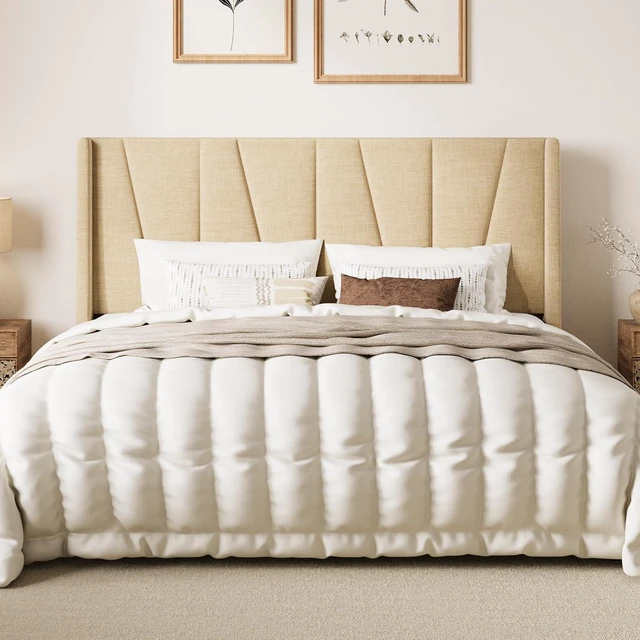 Main image of King Size Bed Frame with Geometric Wingback Headboard, Upholstered Platform Bed with 8" Under-Bed Space, No Box Spring Needed, Easy Assembly, Beige