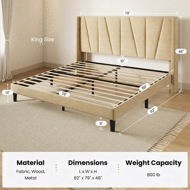 Alt view image 2 of 7 - King Size Bed Frame with Geometric Wingback Headboard, Upholstered Platform Bed with 8" Under-Bed Space, No Box Spring Needed, Easy Assembly, Beige