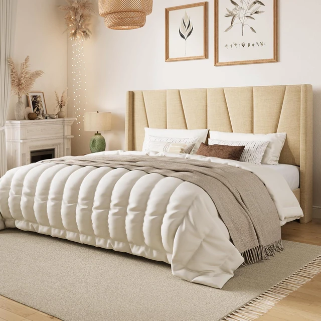 Alt view image 3 of 7 - King Size Bed Frame with Geometric Wingback Headboard, Upholstered Platform Bed with 8" Under-Bed Space, No Box Spring Needed, Easy Assembly, Beige