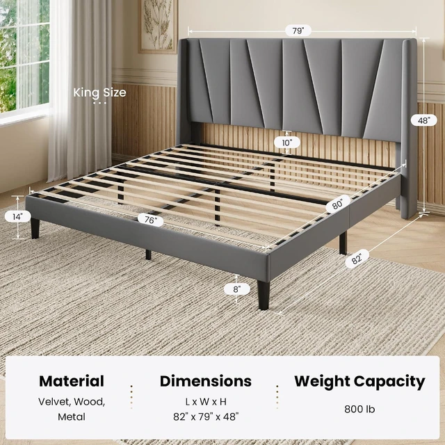 Alt view image 2 of 5 - King Size Velvet Bed Frame with Geometric Wingback Headboard, Upholstered Platform Bed with Wooden Slats Support, 8" Under-Bed Space, No Box Spring Needed, Easy Assembly Light Grey