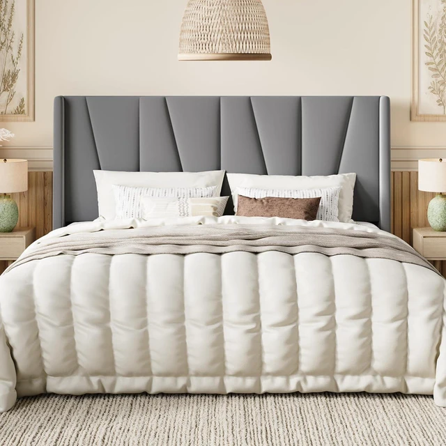 Main image of King Size Velvet Bed Frame with Geometric Wingback Headboard, Upholstered Platform Bed with Wooden Slats Support, 8" Under-Bed Space, No Box Spring Needed, Easy Assembly Light Grey