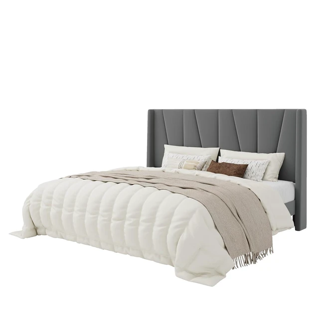 Alt view image 5 of 5 - King Size Velvet Bed Frame with Geometric Wingback Headboard, Upholstered Platform Bed with Wooden Slats Support, 8" Under-Bed Space, No Box Spring Needed, Easy Assembly Light Grey