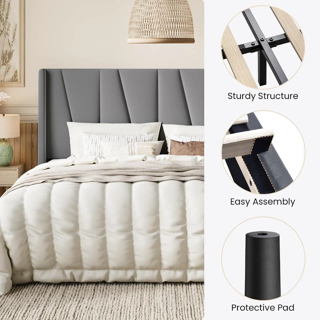 Alt view image 4 of 5 - King Size Velvet Bed Frame with Geometric Wingback Headboard, Upholstered Platform Bed with Wooden Slats Support, 8" Under-Bed Space, No Box Spring Needed, Easy Assembly Light Grey