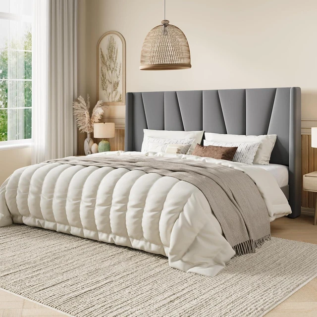 Alt view image 3 of 5 - King Size Velvet Bed Frame with Geometric Wingback Headboard, Upholstered Platform Bed with Wooden Slats Support, 8" Under-Bed Space, No Box Spring Needed, Easy Assembly Light Grey