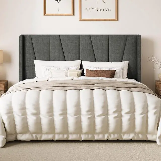 Main image of King Size Bed Frame with Geometric Wingback Headboard, Upholstered Platform Bed with, 8" Under-Bed Space, No Box Spring Needed, Easy Assembly, Grey