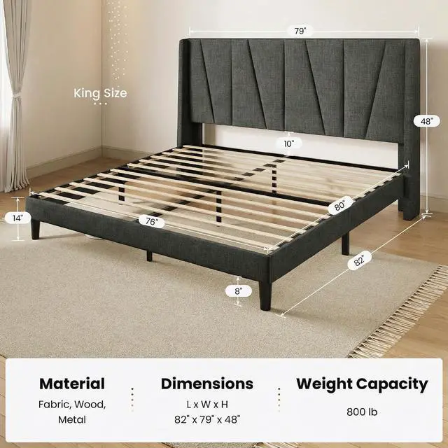 Alt view image 2 of 7 - King Size Bed Frame with Geometric Wingback Headboard, Upholstered Platform Bed with, 8" Under-Bed Space, No Box Spring Needed, Easy Assembly, Grey