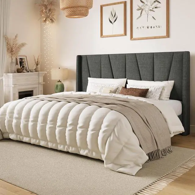 Alt view image 3 of 7 - King Size Bed Frame with Geometric Wingback Headboard, Upholstered Platform Bed with, 8" Under-Bed Space, No Box Spring Needed, Easy Assembly, Grey