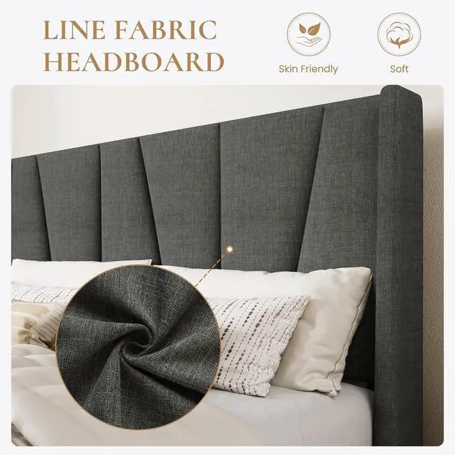 Alt view image 4 of 7 - King Size Bed Frame with Geometric Wingback Headboard, Upholstered Platform Bed with, 8" Under-Bed Space, No Box Spring Needed, Easy Assembly, Grey