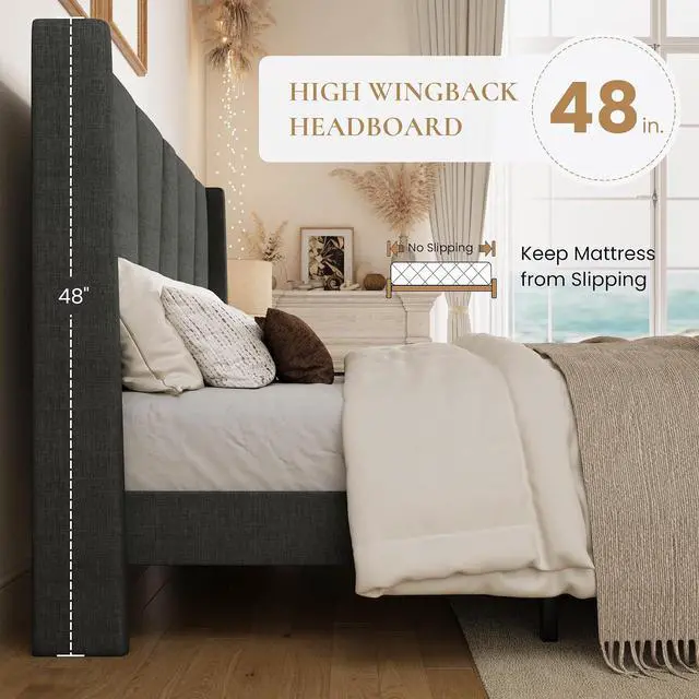 Alt view image 5 of 7 - King Size Bed Frame with Geometric Wingback Headboard, Upholstered Platform Bed with, 8" Under-Bed Space, No Box Spring Needed, Easy Assembly, Grey