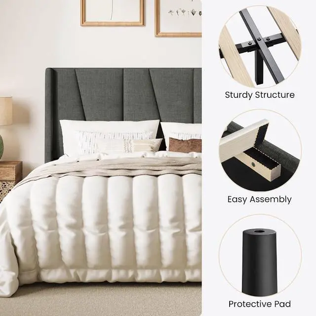 Alt view image 7 of 7 - King Size Bed Frame with Geometric Wingback Headboard, Upholstered Platform Bed with, 8" Under-Bed Space, No Box Spring Needed, Easy Assembly, Grey