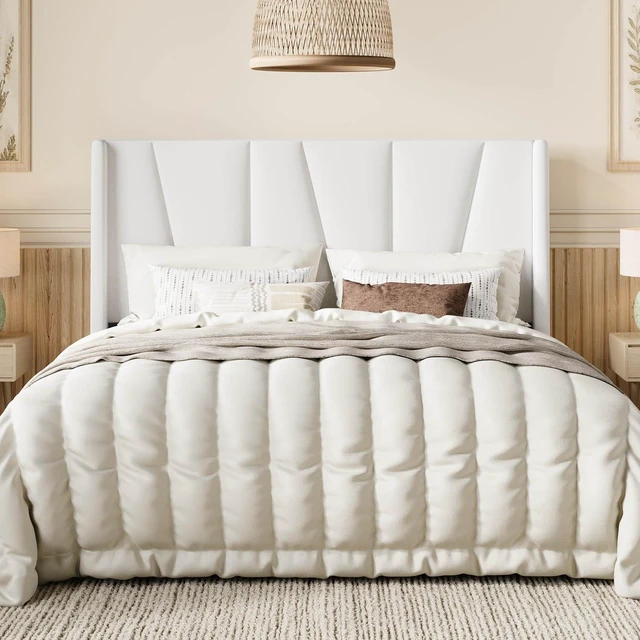 Main image of Full Size Velvet Bed Frame with Geometric Wingback Headboard, Upholstered Platform Bed with Wooden Slats Support, 8" Under-Bed Space, No Box Spring Needed, Easy Assembly, White