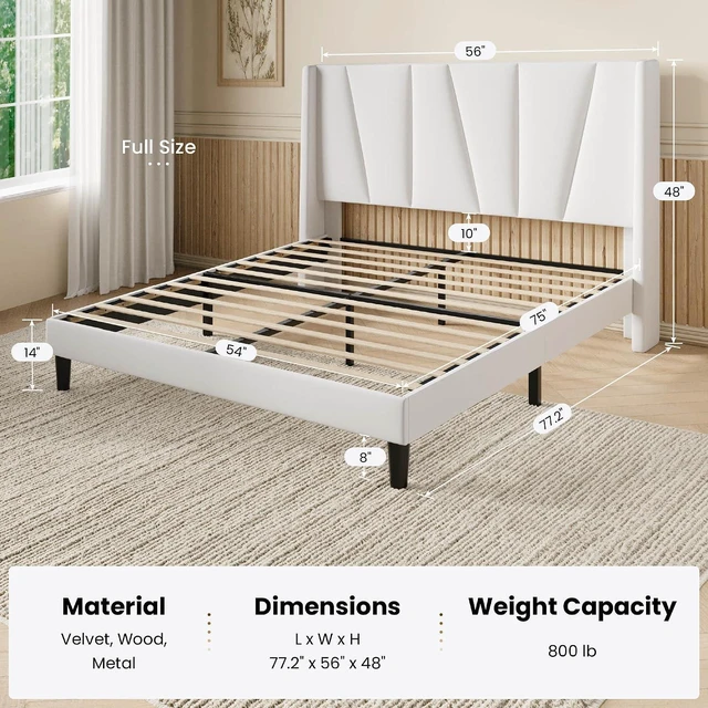 Alt view image 2 of 7 - Full Size Velvet Bed Frame with Geometric Wingback Headboard, Upholstered Platform Bed with Wooden Slats Support, 8" Under-Bed Space, No Box Spring Needed, Easy Assembly, White