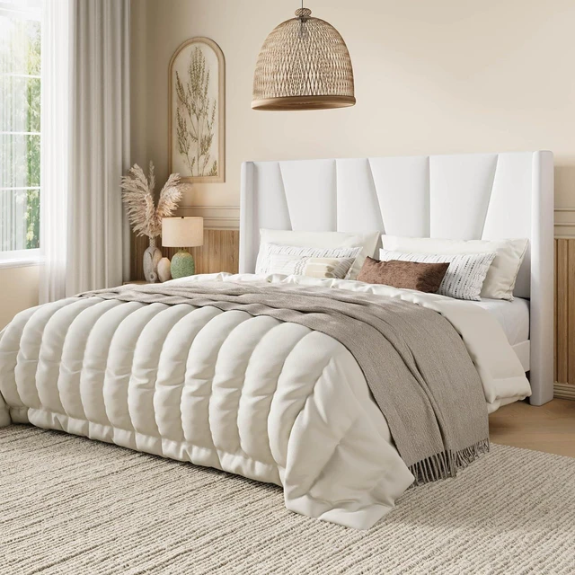 Alt view image 3 of 7 - Full Size Velvet Bed Frame with Geometric Wingback Headboard, Upholstered Platform Bed with Wooden Slats Support, 8" Under-Bed Space, No Box Spring Needed, Easy Assembly, White