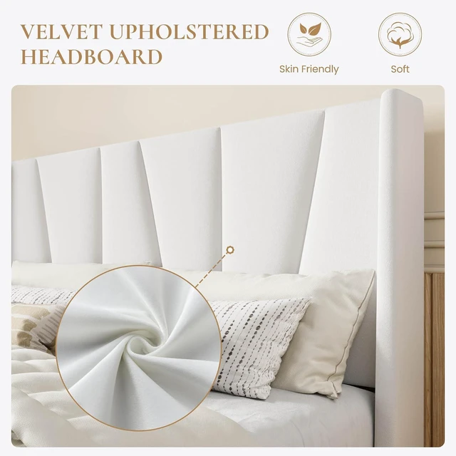 Alt view image 4 of 7 - Full Size Velvet Bed Frame with Geometric Wingback Headboard, Upholstered Platform Bed with Wooden Slats Support, 8" Under-Bed Space, No Box Spring Needed, Easy Assembly, White